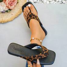 Women's Open Toe Leopard Print Flat Sandals, Simple And Fashionable Design, Suitable For Summer And Early Autumn, Perfect For Shopping And Dating - Black - View 8
