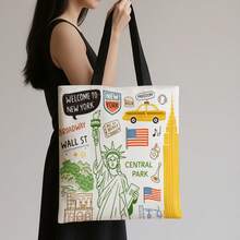 1pc Women's Vintage New York Tote Bag - Suitable For Japanese And Korean Style Series, Adjustable Shoulder Strap And Tassel Hem, Large Capacity Reusable Bag With Wrist Strap, Hand Washable Iconic New York Design, Suitable For Travel, Shopping, Daily Hand Carry - Multicolor - View 1