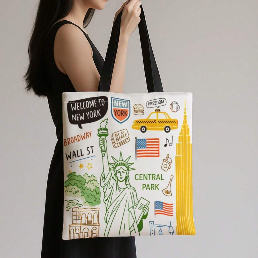 1pc Women's Vintage New York Tote Bag - Suitable For Japanese And Korean Style Series, Adjustable Shoulder Strap And Tassel Hem, Large Capacity Reusable Bag With Wrist Strap, Hand Washable Iconic New York Design, Suitable For Travel, Shopping, Daily Hand Carry - Multicolor - View 1