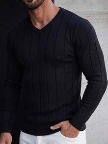 Men's V-Neck Ribbed Knit Sweater, Black Solid Color, Slim Fit, Long Sleeve, Autumn/Winter Pullover, Layering Casual Base Layer - Black - View 4