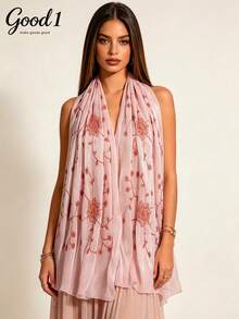 1pc High-End Starry Embroidered Shawl, Middle Eastern Muslim Headscarf, Wedding & Formal Event Accessory - Pink - View 3