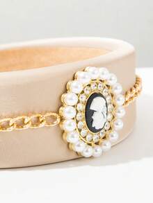 1 pieza Diadema de sirena de banda ancha con cadena de metal y decoración de gemas y perlas, accesorio para el cabello elegante y dulce de moda europea y americana, personalizado y creativo de alta gama para citas y banquetes, accesorio de ropa exquisito para mujeres - FG1559 - Caqui - Ver 4