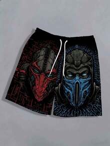 Celana Pendek Streetwear Kasual Pria Ukuran Besar Motif Masker Merah & Biru dengan Tali Serut di Pinggang - MultiWarna - View 4