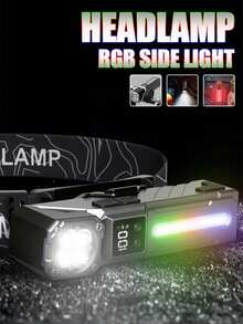 1 Stück All-In-One Licht! Type-C aufladbare magnetische Bewegungssensor-Stirnlampe, umwandelbar in Taschenlampe/Fahrradlicht, mit RGB-Seitenleuchten - Scheinwerfer - Übersicht 1