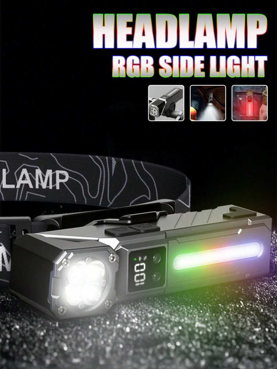 1 Stück All-In-One Licht! Type-C aufladbare magnetische Bewegungssensor-Stirnlampe, umwandelbar in Taschenlampe/Fahrradlicht, mit RGB-Seitenleuchten - Scheinwerfer - Übersicht 1
