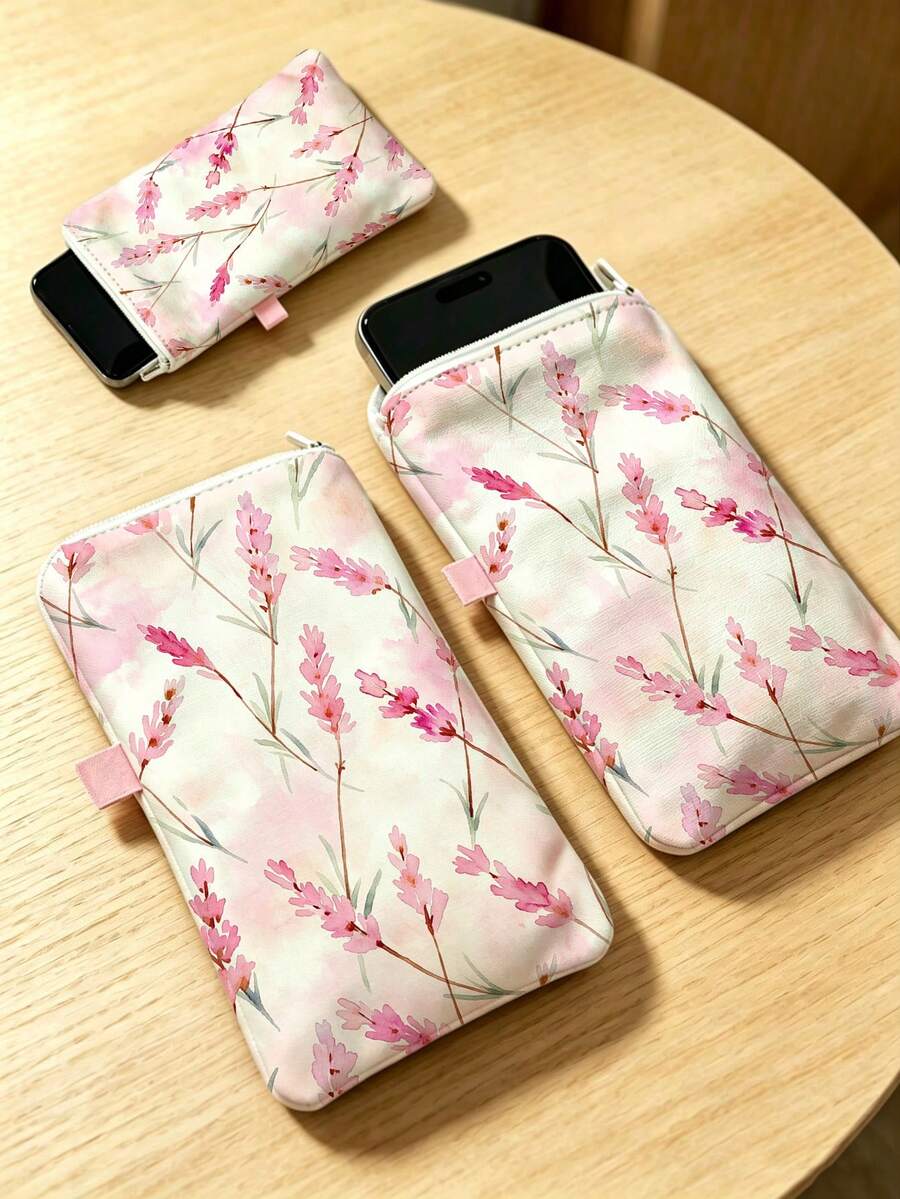 Bolsa protectora de tela para teléfono con patrón de lavanda rosa, bolsa de almacenamiento de teléfono para exteriores, bolsa de teléfono con cremallera; forro suave y elástico, cálido y resistente a arañazos; bolsa portátil unisex, bolsa bandolera multifuncional, adecuada para caminar, comprar y llevar artículos pequeños; bolsa de almacenamiento portátil esencial para viajes y desplazamientos diarios, combinando funciones de portatarjetas y monedero; regalo atento para amigos, familiares, maestros y regalo de cumpleaños ideal. - Multicolor - Ver 1