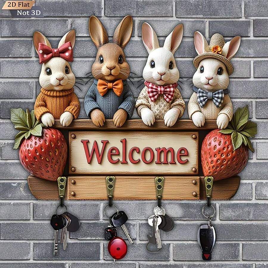 1pc Bohemian Style Rabbit Shaped Key Holder, Wall-Mounted With 4 Metal Hooks - Suitable For Home, Porch, Room Decor - Wooden Entryway, Multi-Functional Villa Decor Key Holder (No Modification Required), 2D Flat Design - Multicolor - View 1