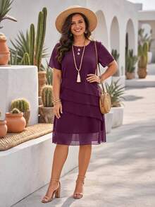 Summer New Women's Elegant Casual Chiffon Dress, Solid Color Short Sleeve Round Neck Flowy Ruffle Hem Loose Straight Dress, Suitable For Commuting And Office - Purple - View 1