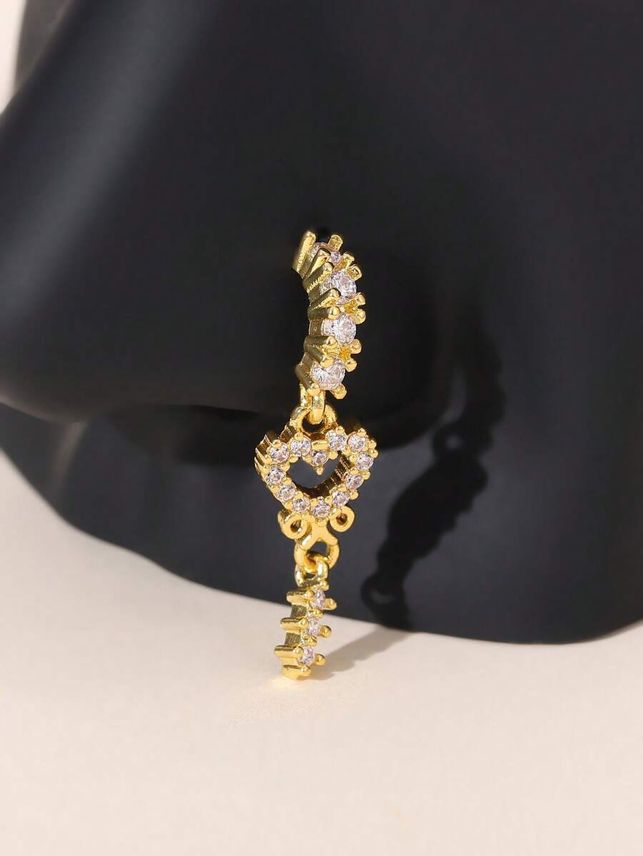 1pc Elegant Copper Zirconia Gold-Plated Long Heart-Shaped Perforated Nose Ring, Suitable For Women, Valentine's Day, Christmas, Halloween, Birthday Gift, Bar, Party, Daily Wear Jewelry - Yellow Gold - View 1