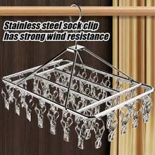 Stainless Steel Sock Drying Rack, Hanging Herb Drying Rack, Foldable, With 40/20/10 Clips, Suitable For Socks, Bras, Underwear And Laundry Accessories, Home Decor. - Silver - View 8