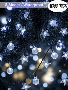 太陽能戶外燈串 5m 20leds/7m 50leds/12m 100leds 水晶球與星星花園燈串，8種模式防水仙女燈，適用於露台、庭院、圍欄、樹木、陽台、露營裝飾，聖誕節、情人節、萬聖節、節日送禮燈 - 太陽能燈串 - 查看 14