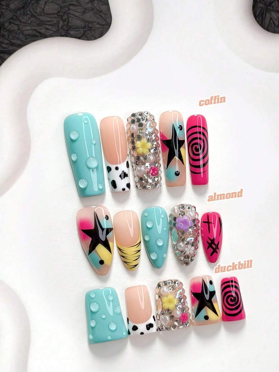 10pcs Y2K Style Handmade Press-On Nails, Polymer Nail Tips Set, Small Flower Rhinestone Decor, Blue And Fuchsia Nail Polish, Sweet & Cool Style, Includes Manicure Tools, 3 Sizes Available, Almond, Duck, Coffin Shape, Suitable For Party, Dance, Daily Wear - Multicolor - View 1