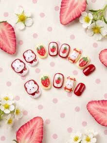 24pcs Kids Girls Press-On Short Artificial Nails, Cute Strawberry & Rabbit Pattern Design Pre-Glued Full Coverage Acrylic Nail Tips Set, Suitable For Children Girls Nail Decoration (Strawberry Girl) - Multicolor - View 1