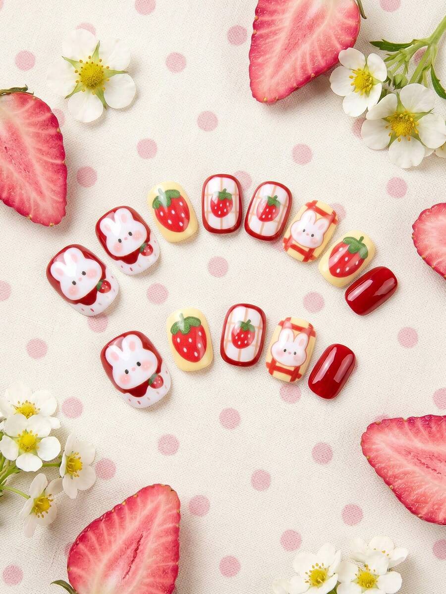 24pcs Kids Girls Press-On Short Artificial Nails, Cute Strawberry & Rabbit Pattern Design Pre-Glued Full Coverage Acrylic Nail Tips Set, Suitable For Children Girls Nail Decoration (Strawberry Girl) - Multicolor - View 1