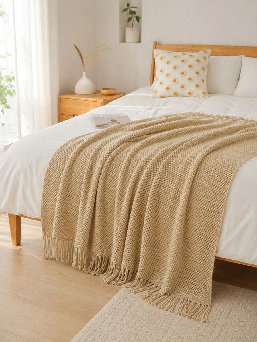 Manta de punto acogedora con detalle de volantes para todas las estaciones, multiusos y cómoda para acampar, sofá, tomar el sol y siestas, manta de punto con ribete de volantes, manta de camping - Caqui a cuadros - Ver 1