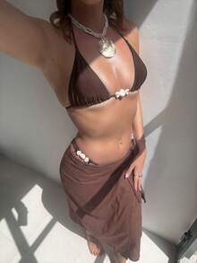 Bikinx Conjunto de bikini con tiras y cuentas en la espalda para mujer, hecho de tela elástica para vacaciones, playa y verano - Marrón - Ver 9