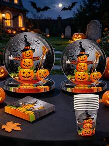 80/60/50/40pcs Halloween Paper Plates And Napkins Set, Disposable Dessert Plates And Napkins, Halloween Theme Birthday Party Decorations, Serves 10 People (Pumpkin Design) - Multicolor - View 4