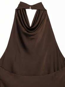 Top de satén de unicolor con cuello halter y espalda descubierta para primavera/verano - Café integral - Ver 7