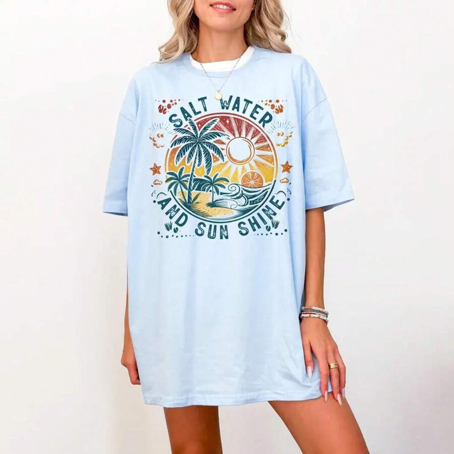 Salt Water And Sun Shine Shirt, Summer Shirt, Retro Beach Shirt, Tropical Shirt, Seashells Shirt, Sunshine Shirt,Summer T Shirts,Tops For Women - Baby Blue - View 1
