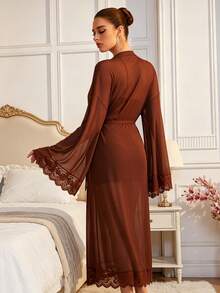 QING ROU 1pc Sexy Sheer Solid Color Mesh Lace Patchwork Robe, Morning Robe For Valentine's Day, Wedding Bride, Bridesmaid, Vacation, Party, Suitable For Home Wear - Brown - View 2