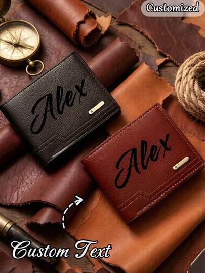 Cartera personalizable para hombre, varios colores, tarjetero de cuero sintético con nombre personalizado, estilo empresarial, billetera corta de dos pliegues, accesorios de moda para hombre