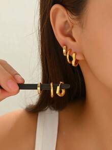 6pcs/Set Elegant Minimalist Stainless Steel Hoop Earrings Set - Multicolor - View 3