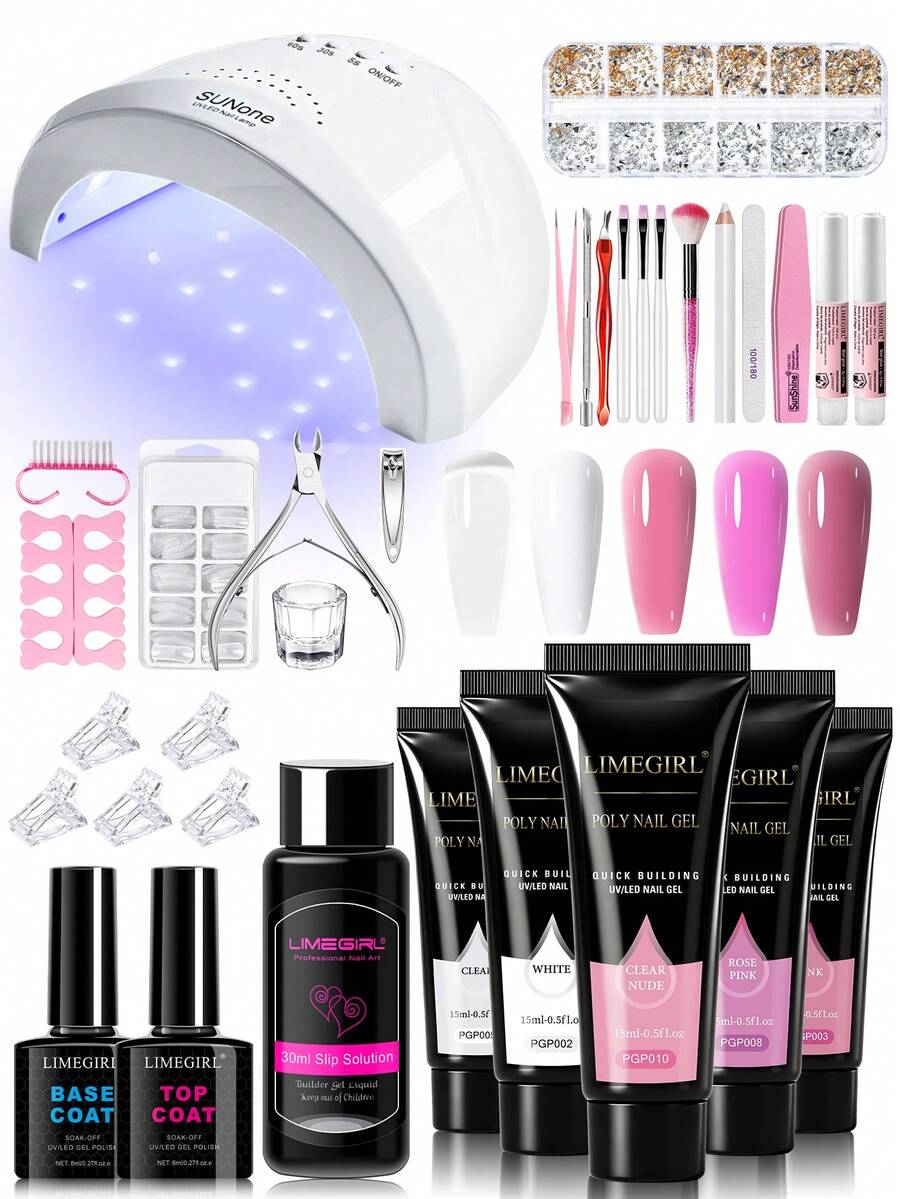 LIMEGIRL 33pcs Nail Polish Set In Solid Color, Featuring LED UV Nail Lamp, A Layer Base, Diamonds, Brushes, Nail Rub, Nail Polish, And Gel, Perfect For Home Salons, Friendly For Beginners, And A Gift For Women. - Multicolor - View 1