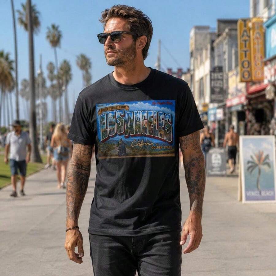 Los Angeles California Postcard Design T-Shirt Vintage Travel Skyline Surfing Palm Scene - Hitam 12 - View 1