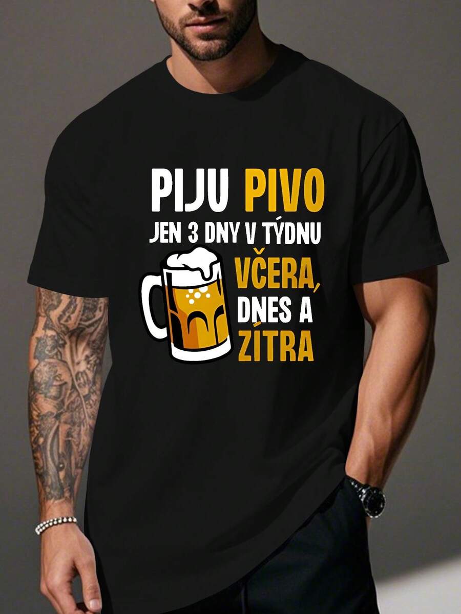 Plus-Size Men's Clothing T Shirt,Featuring A Fun Czech Beer Theme And Humorous Design. - 黑色 - 查看 1