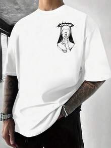 Camiseta de manga corta con hombros caídos y estampado de patrones retro para hombres - Multicolor - Ver 1