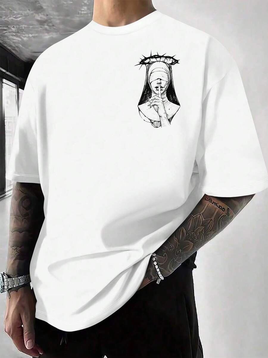 Camiseta de manga corta con hombros caídos y estampado de patrones retro para hombres - Multicolor - Ver 1