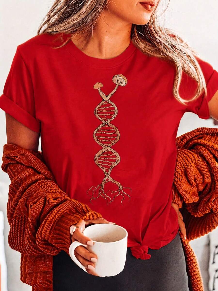 Summer 2026 Pure Cotton T-Shirt With Mushroom And DNA Letter Print, Casual Short Sleeve Round Neck Top, Women's Spring/Summer Clothing - Unisex T-Shirt - 紅色 - 查看 1
