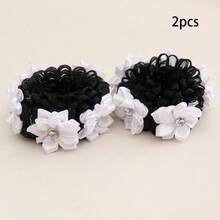 2pcs Girls Back To School Bun Hair Ties With Rhinestone Flower Decoration, Suitable For Daily Wear Or Vacation - White - View 6