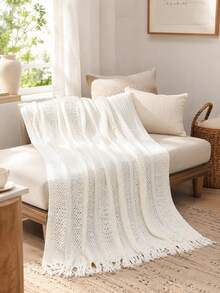 Manta de punto acogedora con detalle de volantes para todas las estaciones, multiusos y cómoda para acampar, sofá, tomar el sol y siestas, manta de punto con ribete de volantes, manta de camping - arroz molido - Ver 2
