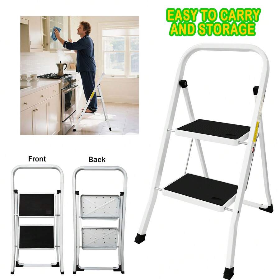 2 Step Ladder Portable Folding 2 Step Stool Heavy Duty Steel Ladder With Hand Rail And Anti-Slip Wide Pedal, Lightweight Stepladder For Home And Kitchen Use, 330lbs Capacity - 2 steps-steel - 查看 1