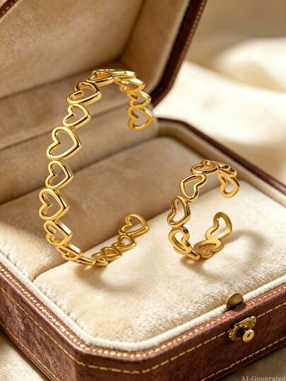 2PCS Minimalist Fashion Vintage Romantic Hollow Heart Openable Bracelet & Ring Set, Stainless Steel Women's Bracelet, Suitable For Daily Wear/Garden Party/Wedding/Afternoon Tea/Gift For Girlfriend On Holidays