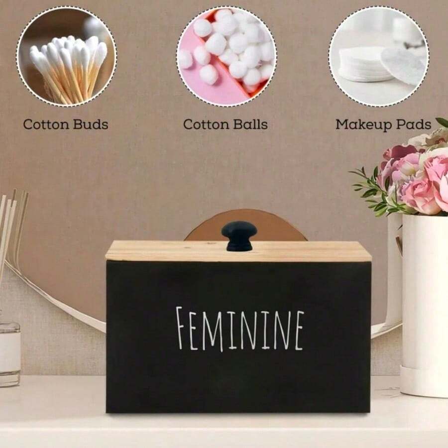 Rustic Farmhouse Style Wooden Storage Box With Lid, Bathroom Sanitary Pad Storage Box, Multi-Functional Women's Private Item Organizer, Small Bathroom Cabinet Decorative Storage Accessory, Home Decor - Multicolor - View 1