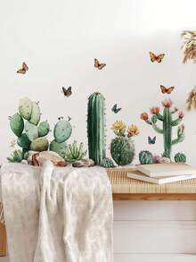 A Refreshing Watercolor Cactus Wall Sticker, Perfect For Decorating Your Bedroom, Living Room, Or Hallway Baseboards. Featuring Forest-Style Tropical Flowers, Green Plants, And Butterflies, It's Great For Creating A Fresh And Natural Home Vibe. - Wall Stickers - View 9