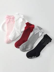女童素色條紋防滑泡泡袖口蝴蝶結長襪 - 彩色 - 查看 2