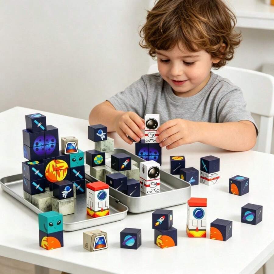 35pcs Travel Magnetic Building Blocks Set With Magnetic Base Plate - STEM Construction Kit, Open-Ended Building Blocks Suitable For Teens And Adults, Covering Space, Vehicles, Robots, Bridges - Compatible With Magnets, Creative Birthday/Christmas/Halloween/Easter Gift - Educational Engineering Toy For STEM Learning And Family Entertainment - Multicolor - View 1