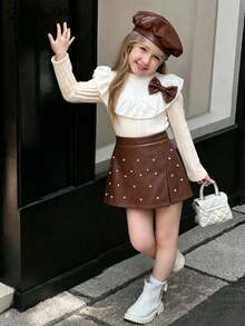 Young Girls' Fashion Cute 3D Bow Ruffle Trim Top And Stylish Studded PU Skort Set - White - View 3