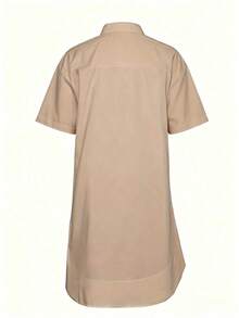 Vestido camisero largo casual de talla grande para mujer, con cuello y mangas cortas de hombros caídos, diseño de botones. Elegante para el verano - Camel - Ver 2