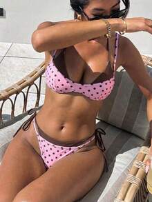 Women's Retro Polka Dot And Striped Bikini Swimsuit, Casual And Fashionable For Vacation, Music Festivals, Cup Races, Kentucky Derby, Summer Beach. - 粉色 - 查看 1