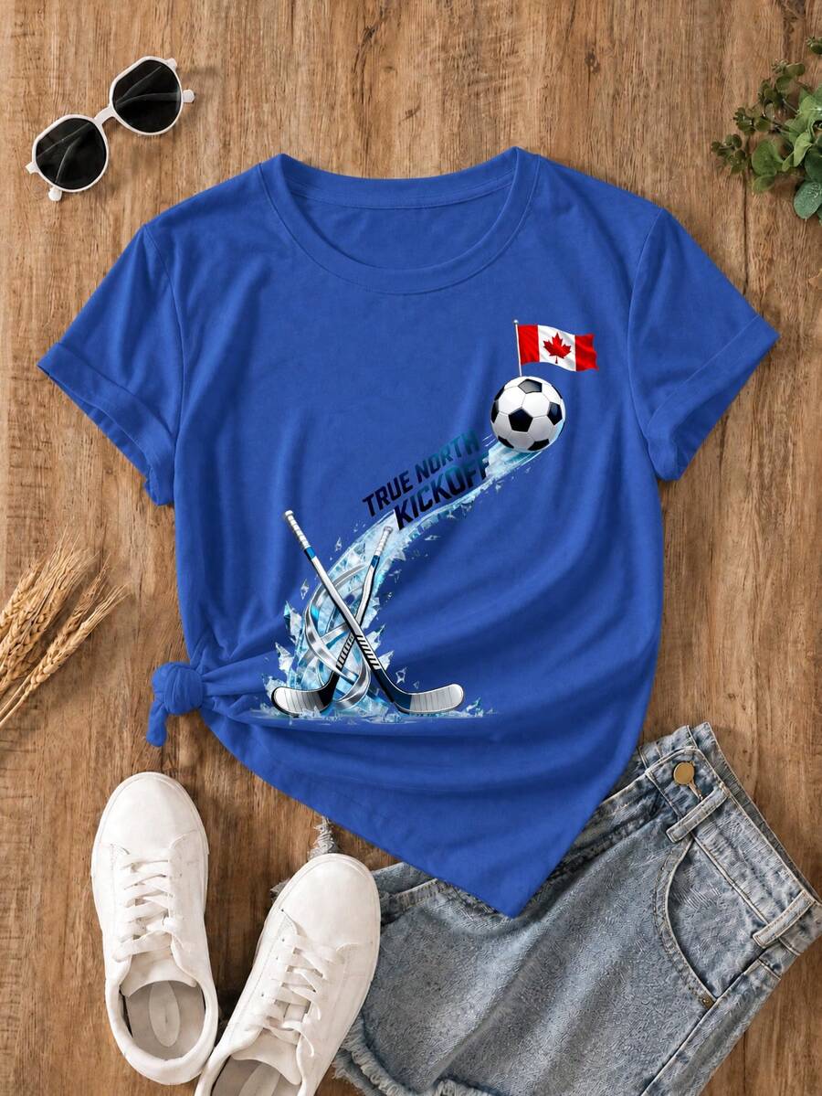 Ladies Summer Top World Cup Maple Legion Printed Round Neck Short Sleeve T-Shirt, Fan Gifts, Vacation, Fitness, Outdoor Activities - Blue - View 1