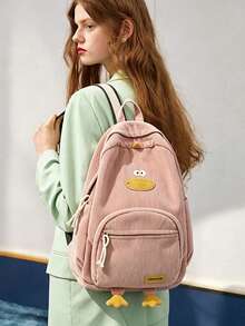 Cute Duck Pattern Corduroy Backpack, Casual Daily School Bag - Baby Pink - View 4