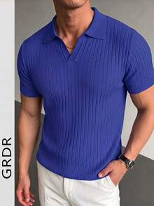GRDR Men's Summer Airplane Collar Ribbed Solid Color Short Sleeve Knit Sweater, Suitable For Summer Outings, Essential For Fashionable Styling - Royal Blue - View 12