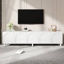 Lowboard TV Stand For Living Room / Modern TV Cabinet With 5 Doors / Arched Door Design / Ample Storage Space / Metal Feet / Suitable For The Living Room - 白色 - 查看 5