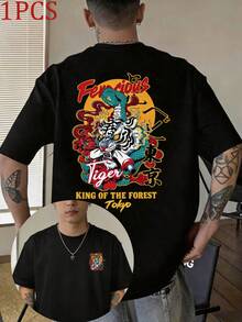 A 180g Heavyweight 100% Cotton Dark American-Style Loose Casual Short-Sleeved T-Shirt With A Small Collar And Distressed Wash Finish. - Black - View 1