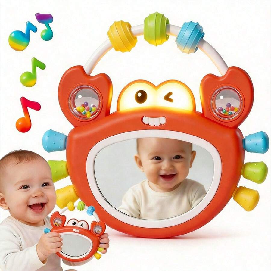 Juguetes de sonajero de cangrejo musical con luces, recuerdos para niños, calmante para el sueño del bebé, juguete de espejo para tiempo de barriga, desarrollo de agarre del bebé, regalo para recién nacidos para Pascua, Navidad, cumpleaños, artículos para bebés para niños y niñas
