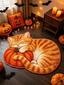 1 pieza Alfombra decorativa con gato naranja lindo sosteniendo calabaza, tema de Halloween, decoración de dormitorio, alfombra pequeña, alfombra, decoración del hogar, alfombra de sala de estar, alfombra pequeña de sala de estar, alfombra de dormitorio, decoración del hogar de sala de estar, alfombra para exteriores, alfombra lavable - Multicolor - Ver 1